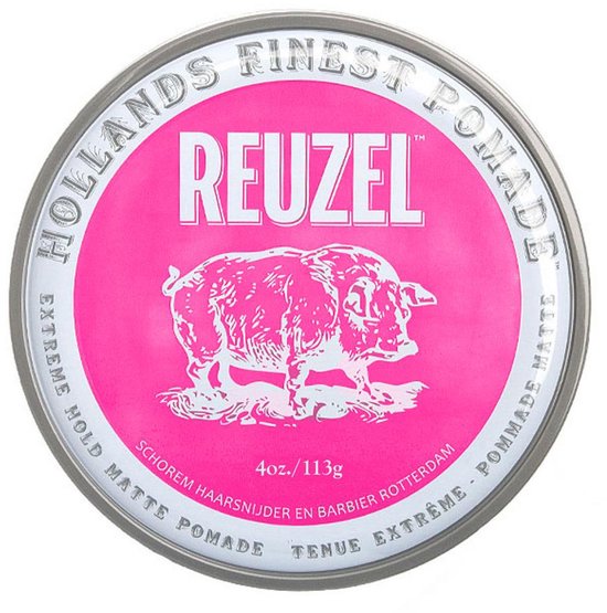 Reuzel pomade blik met felroze achtergrond, afbeelding van een varken en tekst "HOLLANDS FINEST REUZEL EXTREME HOLD MATTE POMADE".