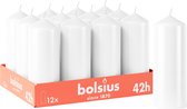 Één witte Bolsius stompkaars uit een verpakking van twaalf, met 'Bolsius 42h' tekst op de oranje rand.