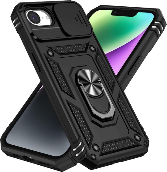 Casemania Hoesje Geschikt voor Apple iPhone 16e - Zwart - Anti-Shock Hybrid Armor Back Cover - Hoes met Kickstand Ring en Camera Bescherming