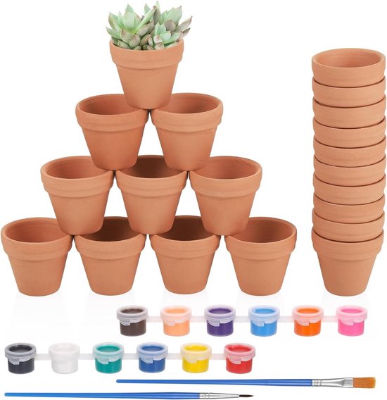 qhklew Terracotta Bloempotten, 24 stuks, mini-plantenpotten met afvoergat, 3 ,5 x 3 cm, voor binnen en buiten