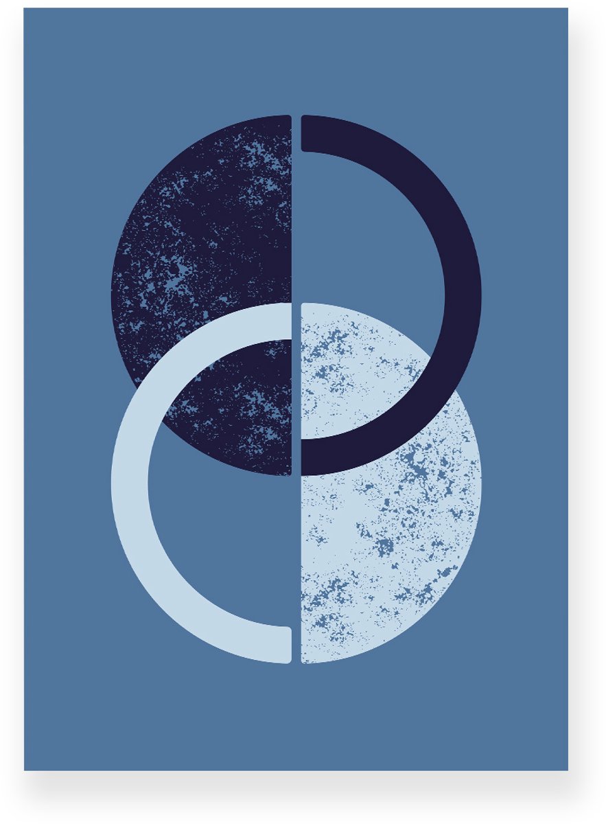 Yisual Poster 50x70 cm - Halve Manen - Cirkels - Lichtblauw - Donkerblauw - Abstract - Modern - Muurdecoratie - Wanddecoratie