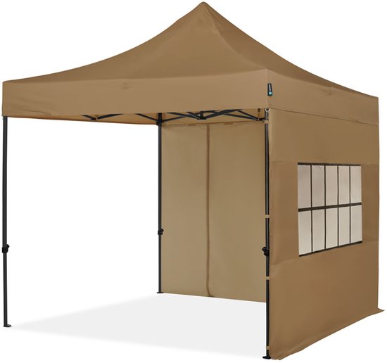 Beige partytent met open zijde, zwarte stalen framepoten en ramen aan de zijkant.