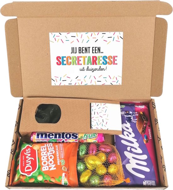 Secretaressedag cadeau - cadeautje secretaresse - brievenbus cadeau chocolade - Jij bent een secretaresse uit duizenden - chocolade paaseitjes - Milka chocolade - drop - borrelnootjes