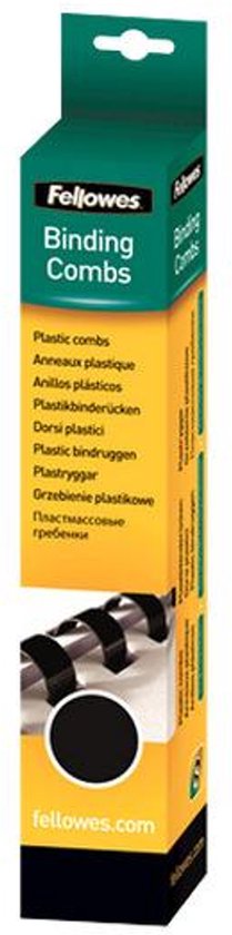 Fellowes Plastic binding combs, 14mm, zwart, 25 stuks. Doos met afbeelding van plastic bindring.