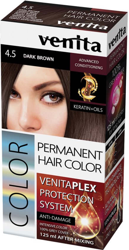 VENITA PLEX Dark Brown / Donkerbruin 4.5 HOOGWAARDIGE INTENSIEVE PERMANENTE Haarverf met KERATINE en NATUURLIJKE OLIËN met 3-Voudig Haarbescherming Systeem 125ml