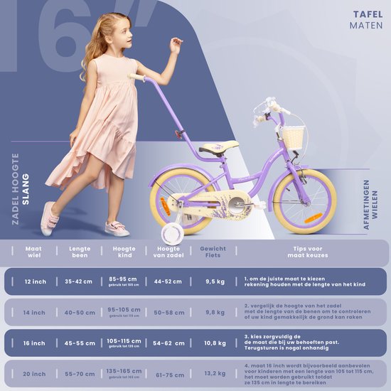 Flower Bike Fiets voor een meisje van 3 tot 5 jaar, 16 inch Lavendel, met fietsbel, zijwieltjes, duwstang en stuurmandje van Qplay — afbeelding 5
