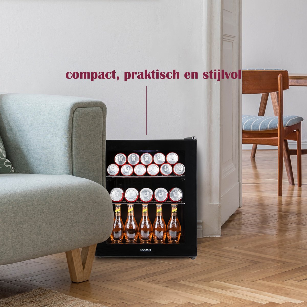 PRIMO PR178BC Drankkoelkast - Minibar - Mini Koelkast - Glazen deur - 46L - D - Zwart — afbeelding 6