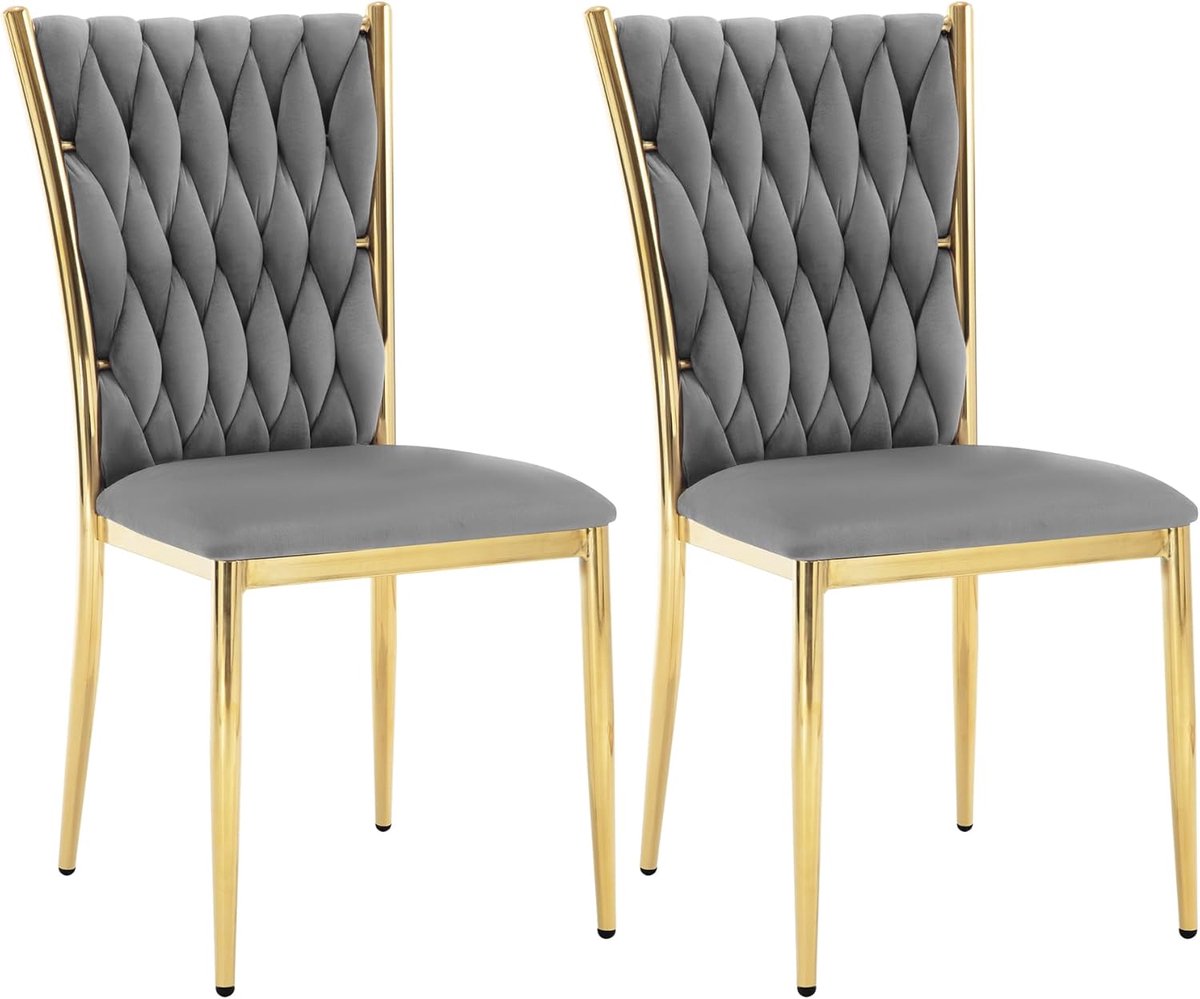 FURNIBELLA - Eetkamerstoelen Set van 2 – Fluwelen Gestoffeerde Stoelen, Hoge Rugleuning, Metalen Poten, 150 kg, Donkergrijs