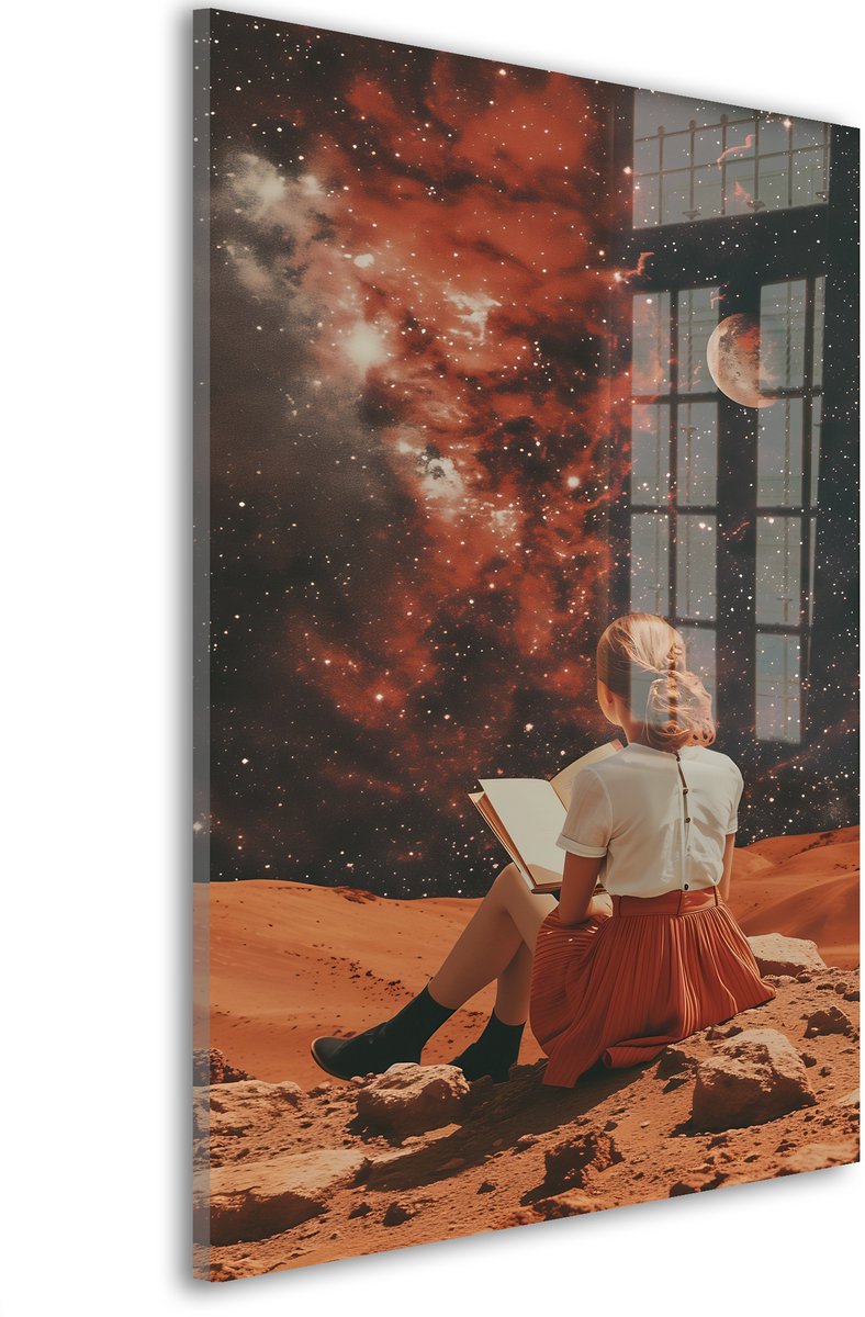 Glasschilderij Sterrenstof en verhalen - 90 x 60 cm - Vrouw - Woestijn - Acrylaat - Inclusief wandbevestiging - Foto op plexiglas - Wanddecoratie woonkamer – Modern – Modern