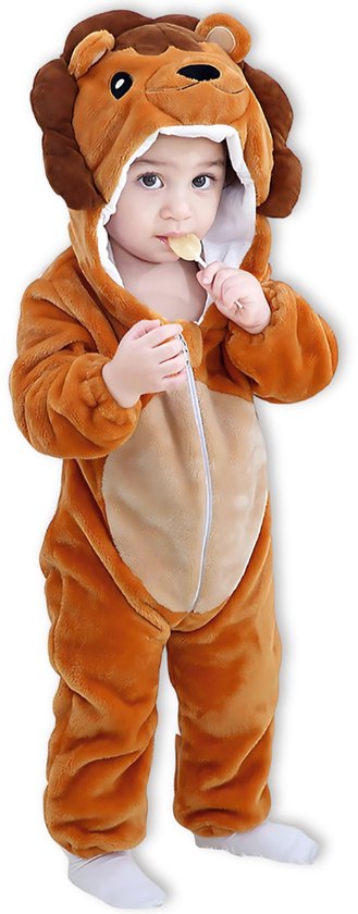 Leeuw BruinBaby Dieren romper Verkleedpak – Peuter CarnavalKostuum – Onesie Kinderen 6 maanden tot 2 jaar – Flanel – Voor Kerstmis, Sinterklaas & Halloween – Jongen & Meisjes - Jumpsuit – Pyjama of Boxpak – Kruippak – Perfect kraamCadeau