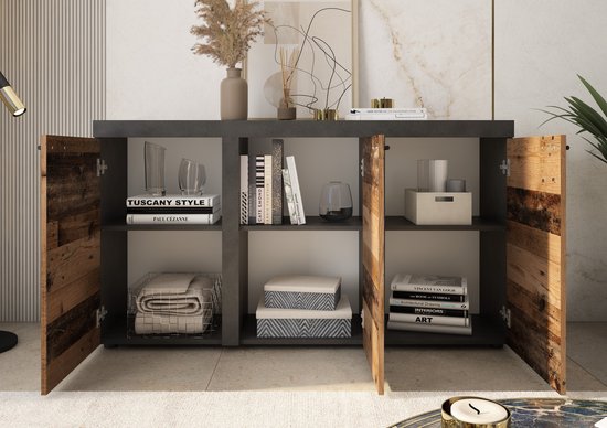 Promeubels - Dressoir Rocky 2 - Old wood / Antraciet - 149 cm - Commode - Woonkamer - Slaapkamer - Opbergkast