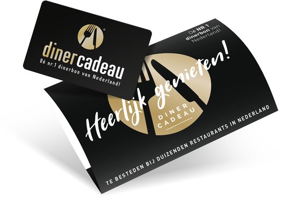 Diner Cadeau kaart en folder met gouden bestek logo. 'Heerlijk genieten! DINER CADEAU. TE BESTEDEN BIJ DUIZENDEN RESTAURANTS IN NEDERLAND'.