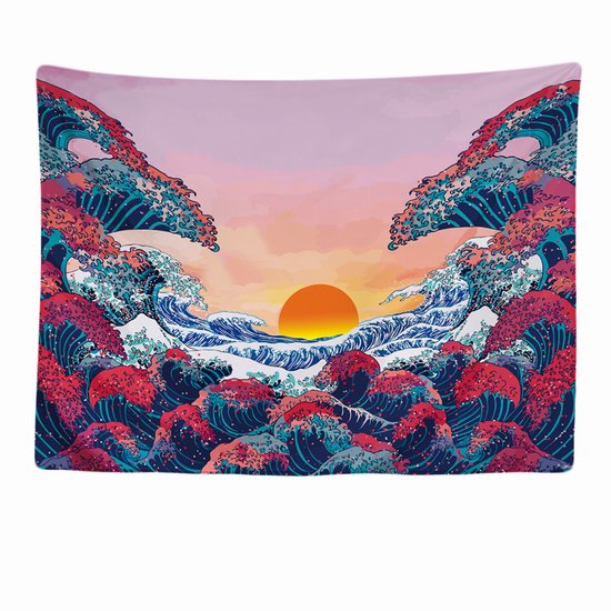 Ulticool - Natuur Golven Zon Zee - Wandkleed - 200x150 cm - Groot wandtapijt - Poster - Roze