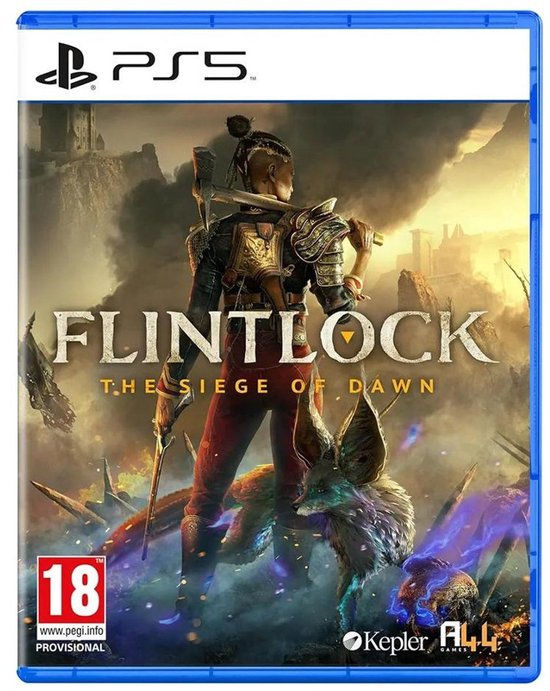 Playstation 5 speldoos 'Flintlock The Siege of Dawn' met hoofdpersoon en vos.