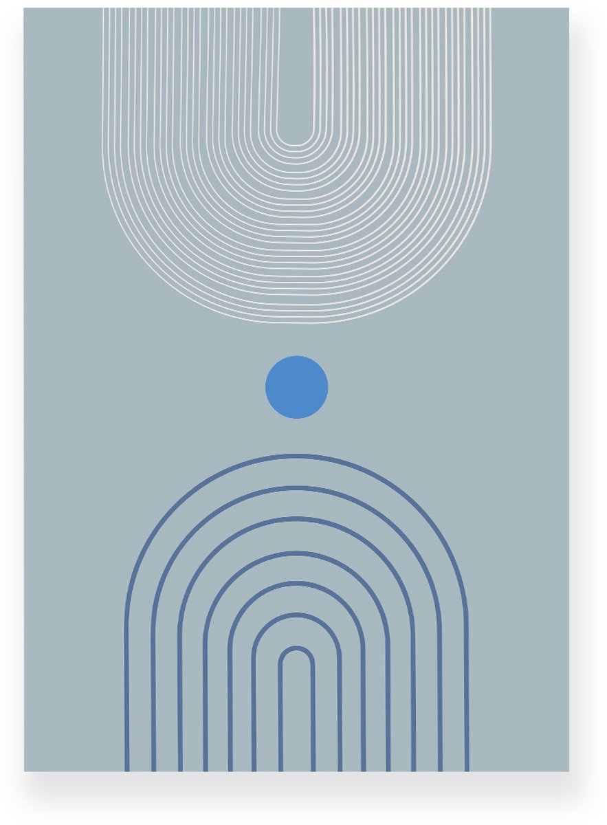 Yisual Poster 50x70 cm - Halve Bogen - Lijnen - Blauw - Wit - Minimalistisch - Japandi - Muurdecoratie - Wanddecoratie