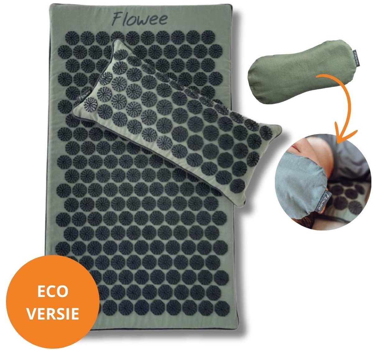Goedkoopste Flowee Relaxset - Spijkermat ECO, spijkerkussen & Oogkussen - Groen met grijs - Vulling Kokosvezels & Boekweitkaf & Lavendel (77x45 22x44cm) - Acupressuur Mat - Spijkerbed - Acupunctuur - Shakti Massage