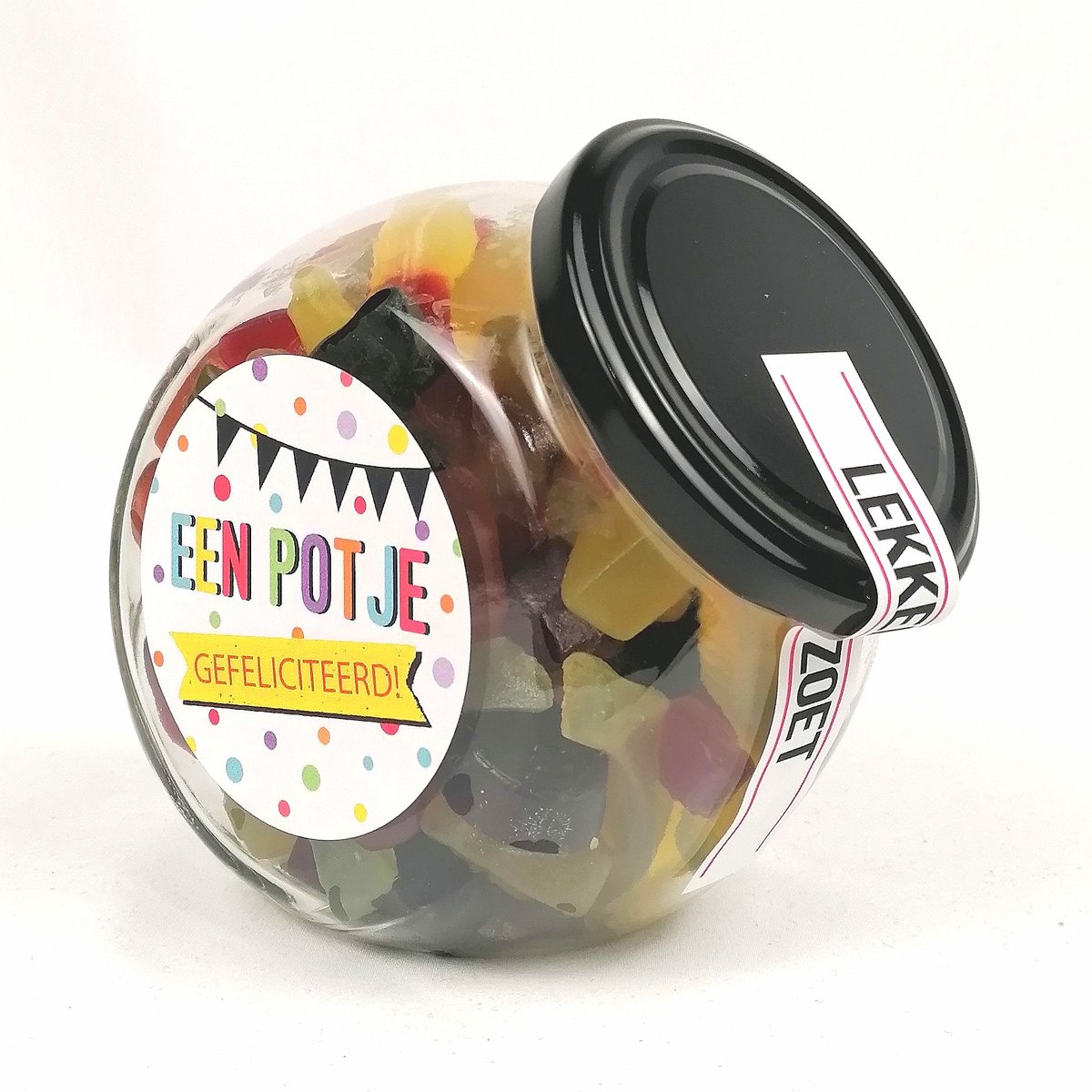 "Lekker & Zoet Snoeppot cadeau - ""Een potje gefeliciteerd!"" - winegum snoepmix - 0,8 L"