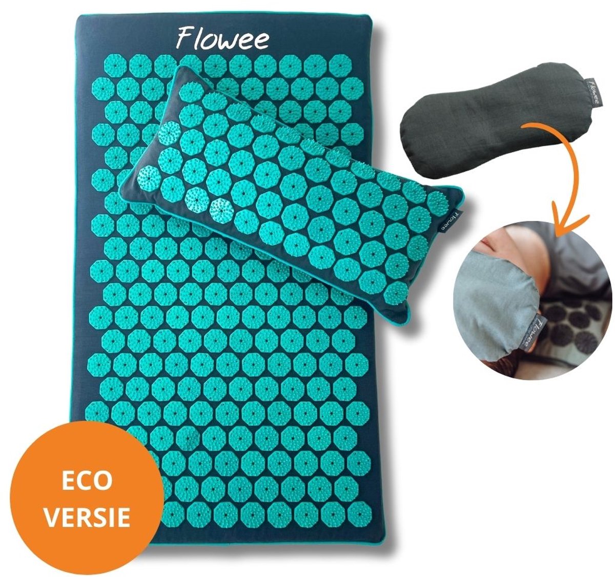 Goedkoopste Flowee Relaxset - Spijkermat ECO, spijkerkussen & Oogkussen - Grijs met zeegroen - Vulling Kokosvezels & Boekweitkaf & Lavendel (77x45 22x44cm) - Acupressuur Mat - Spijkerbed - Acupunctuur - Shakti Massage
