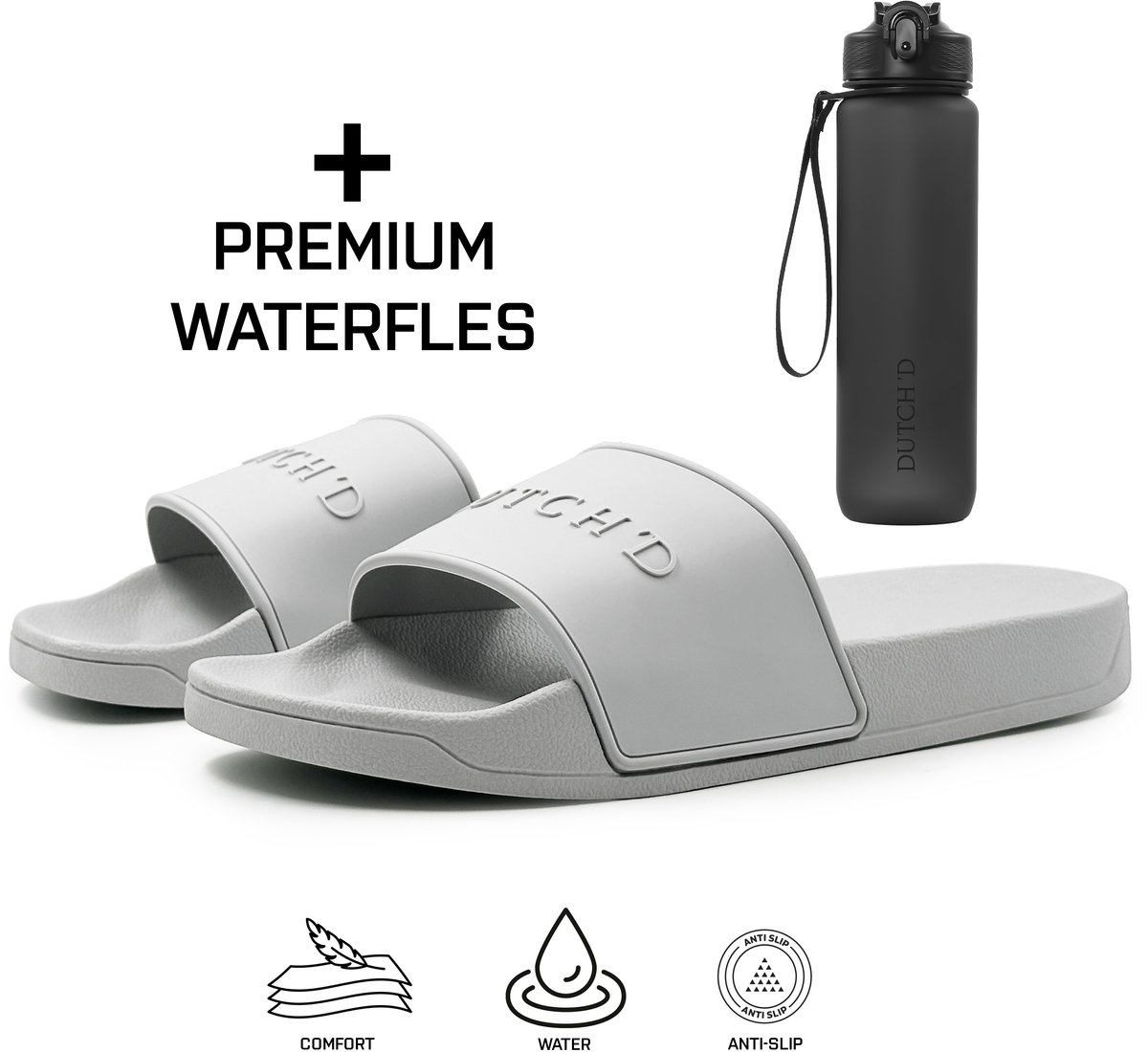Dutch'D ® Rubberen slipper + Handige waterfles - Maat 47/48 - anti slip - Comfortabel - Dubbele maten - unisex - Heren Badslippers - Slippers - Badslippers