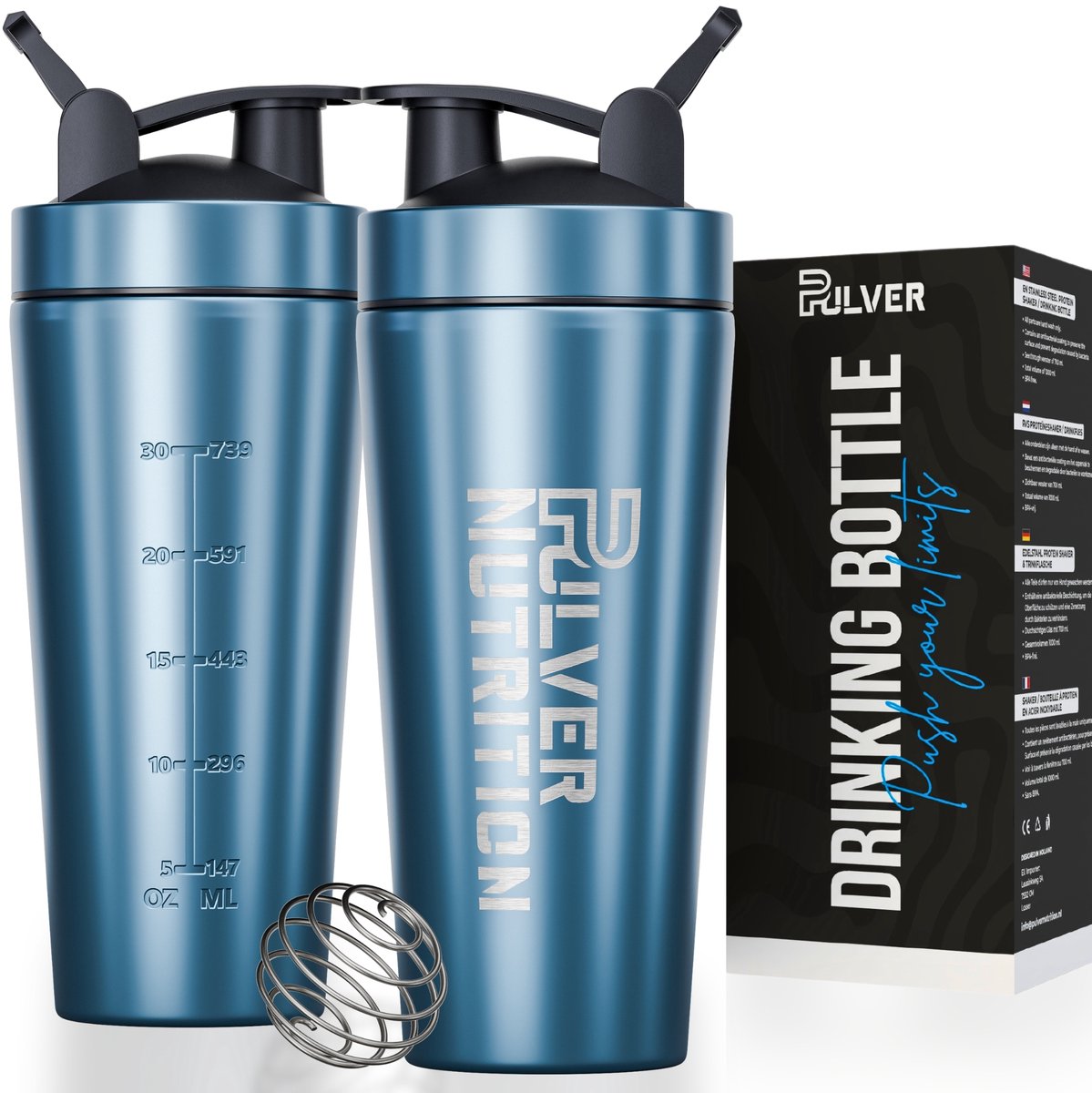Goedkoopste Pulver® - RVS Shakebeker & Drinkfles - 1000 ml Proteïne en Eiwit Shaker - BPA Vrij - Shake Beker - Shaker – Blauw