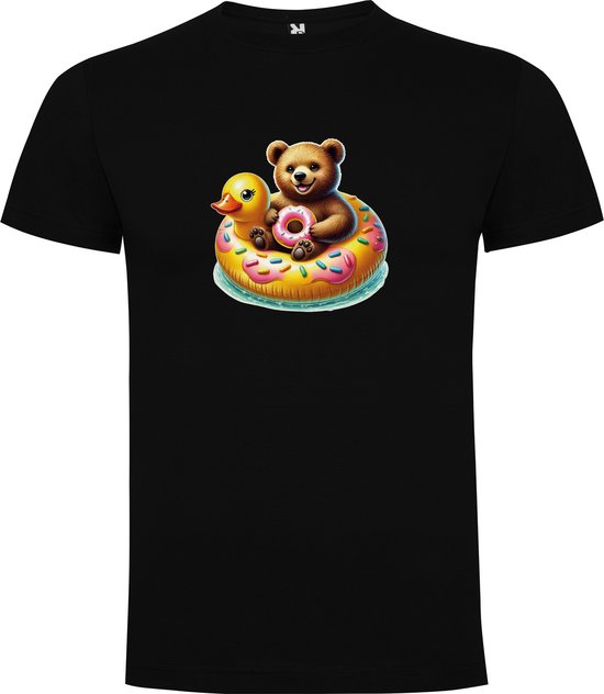 T-shirt Zwart avec imprimé « Ours coloré dans une bouée de natation en canard en caoutchouc – Fête – Vacances – Détente » en couleur, taille 5XL