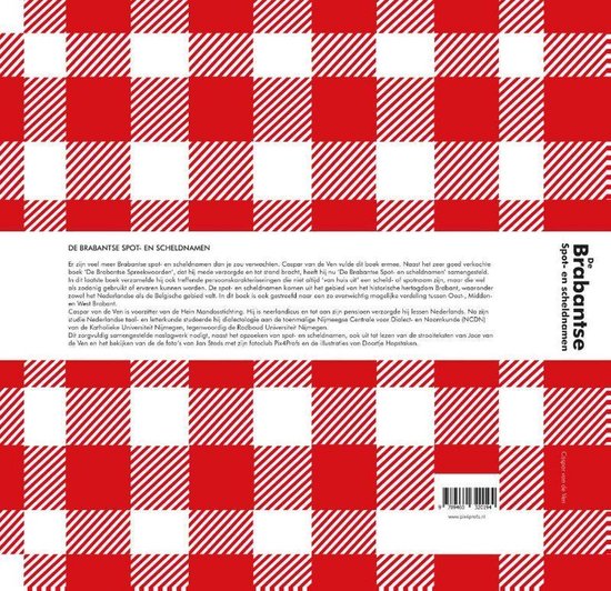 Boek met rode en witte ruitjes. Achterkant met tekst. Titel: De Brabantse Spot- en scheldnamen.