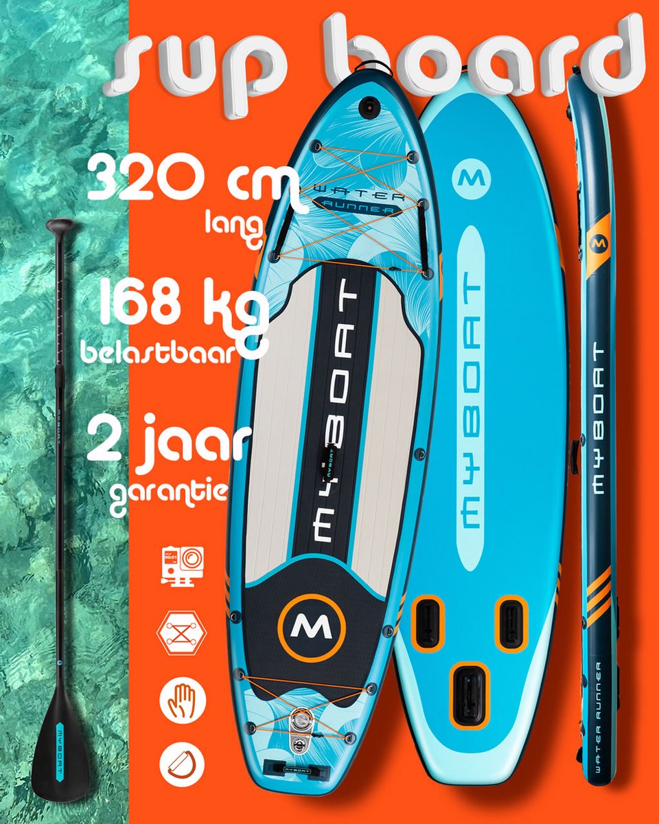 Ultra Licht & Stabiel Opblaasbaar Blue Water Runner Peddel Boord (…voor 2 of 3 personen) van MyBoat | 320 cm Stand Up Sup Paddle Board voor samen Familie | Extra Breed | 3 Vinnen, Camera Mount, pomp, Sterke Verstelbare Peddel, 168 Kg STD belastbaar