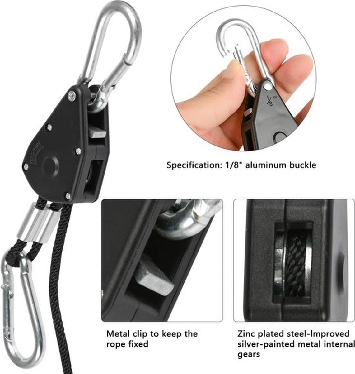 Robuuste kabelratel met haken, 4 stuks, verstelbare touwratel voor plantenlamp, 68 kg, instelbaar rateltouw voor groeilicht, ophanghaak, kabel en ratel