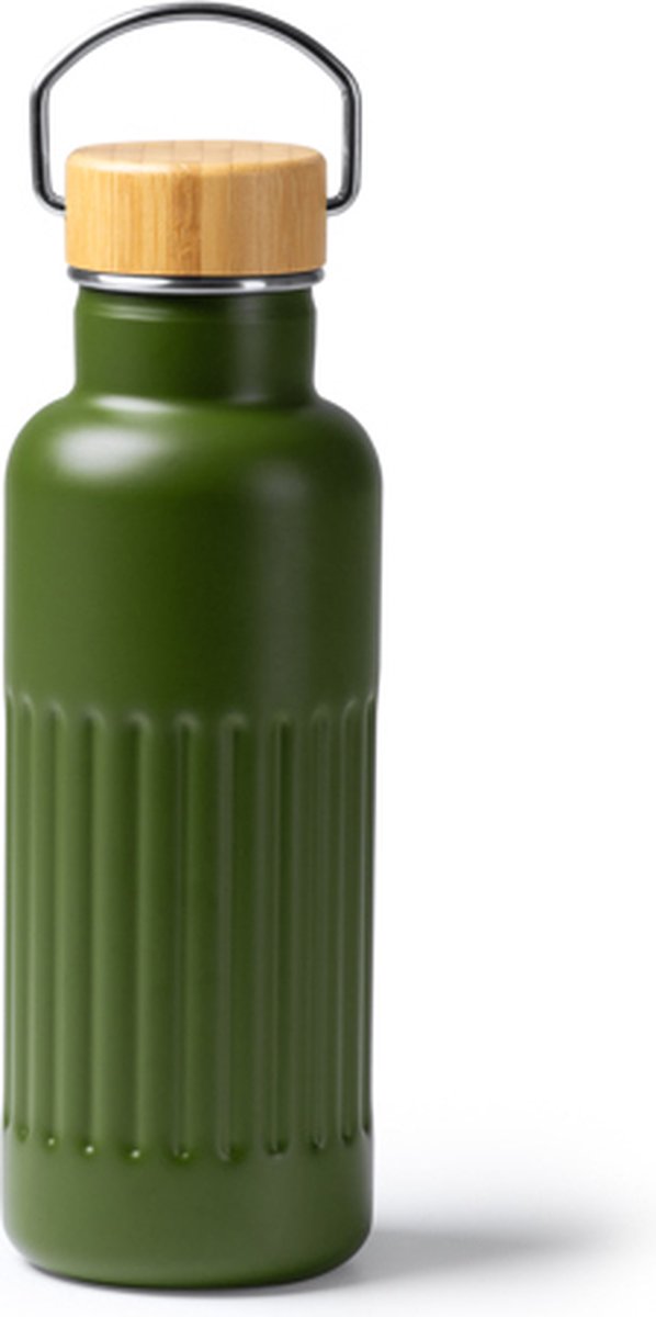 Thermosfles Groen van gerecycled 304 roestvrijstaal met dubbelwandig afgeschuind ontwerp en bamboedeksel. Inhoud: 500 ml.