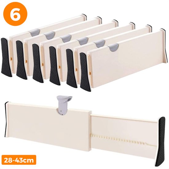 Séparateur de tiroir Posity - Organisateur de tiroir - Pour Cuisine / chambre / bureau / Vêtements - Ajustable/extensible - 28-43 cm - 6 pièces - Plastique