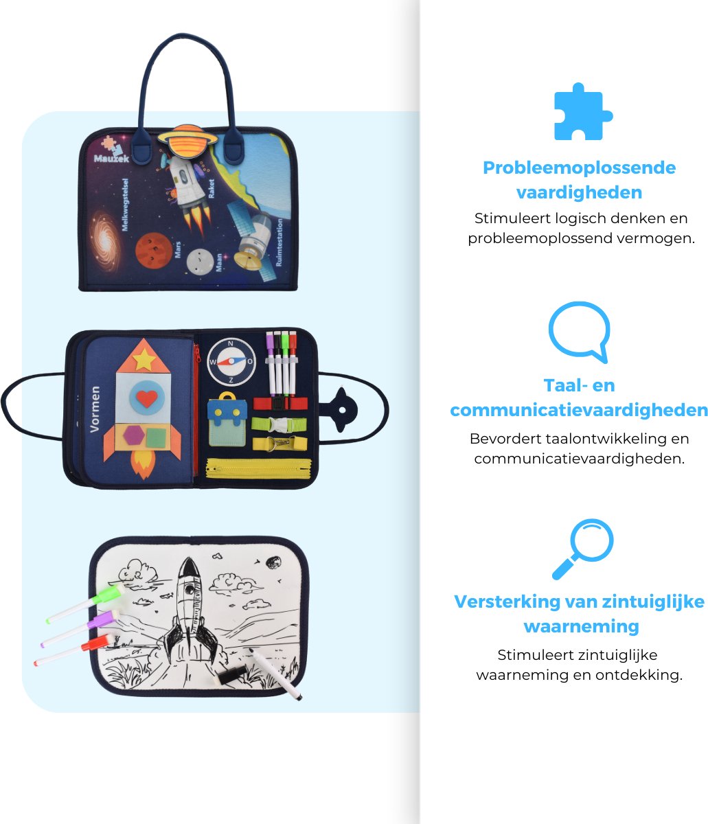 Mauzek® Busy Board Ruimte - Nederlands - Montessori Speelgoed - Activiteitenboek - Doeboek - Reisspeelgoed - Peuter Speelgoed - Jongens - Meisjes - Busy Book - Speelgoed voor onderweg - Speelgoed voor in de auto - 3 Jaar - 4 jaar - 5 jaar - 6 jaar — afbeelding 9