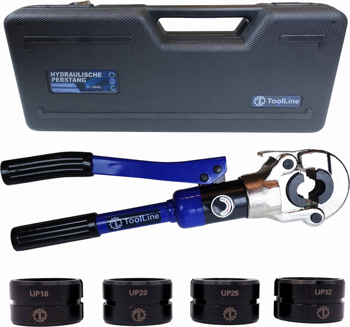 ToolLine® - Perstang UP-set (hydraulisch) - 4 gehard stalen UP16 - UP20 - UP25 - UP32 persbekken - Geschikt voor Uponor - Perstang waterleiding - Uponor perstang - Perstang voor persfitting