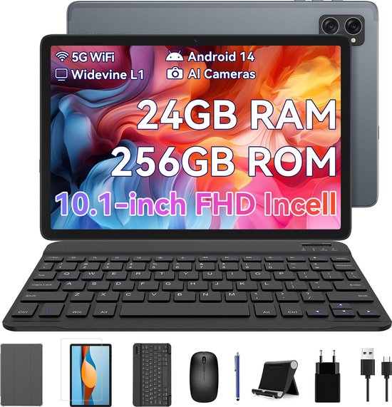 BESTTAB A20 Tablet met toetsenbord - 10.1 Inch 24(8+16)GB+256GB Android 14 Tablet Octa-core - 1920x1200 FHD+IPS - 5G WiFi Tablet - Grijs