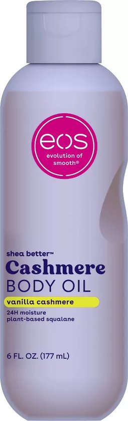 Eos Shea Better Cashmere Body Oil met vanille cashmere geur in een lila fles van 177 ml.