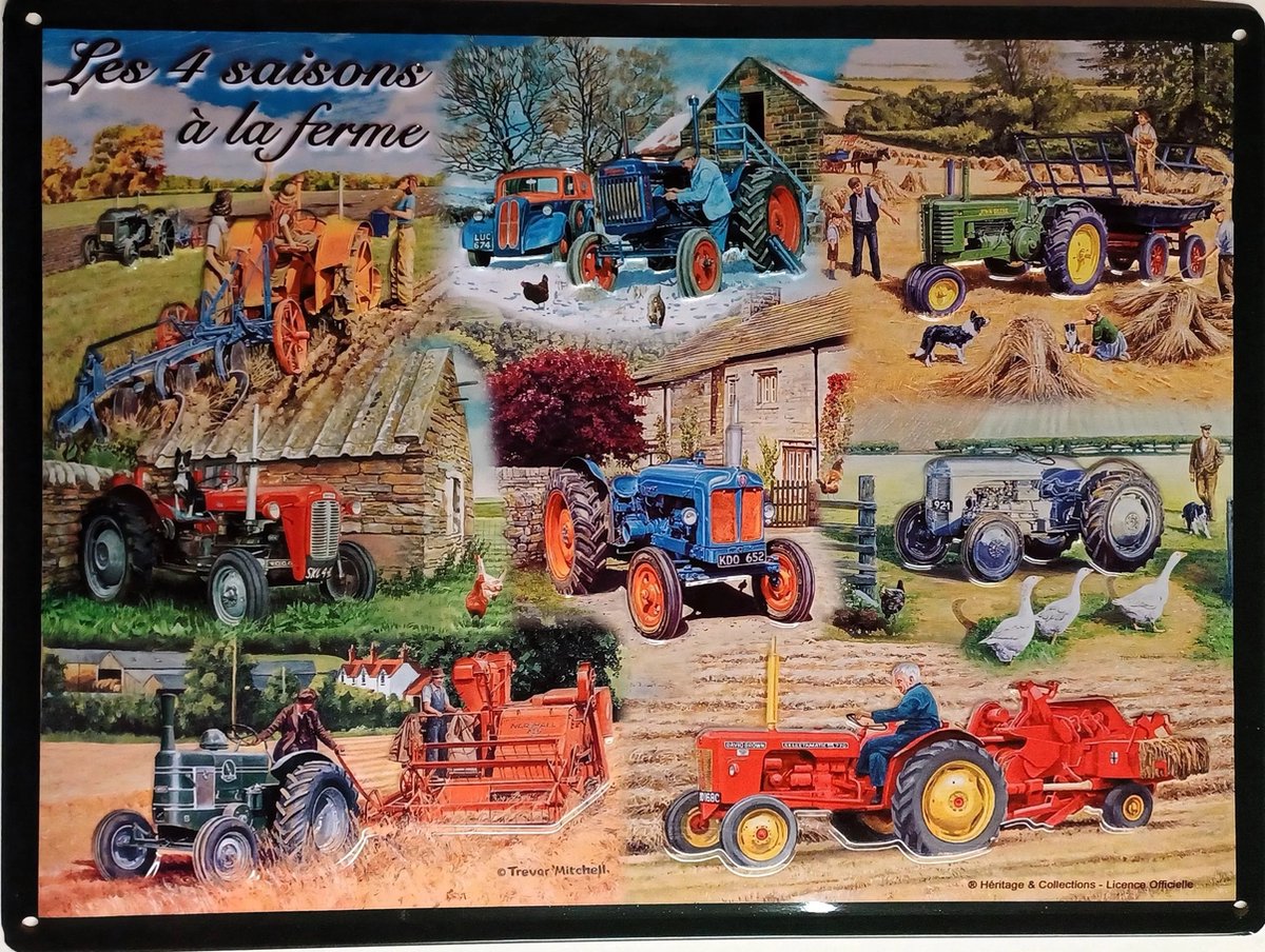 Trekker Collage De 4 seizoenen op de boerderij. (Les 4 saisons a la ferme.) Metalen wandbord in reliëf 30 x 40 cm. .