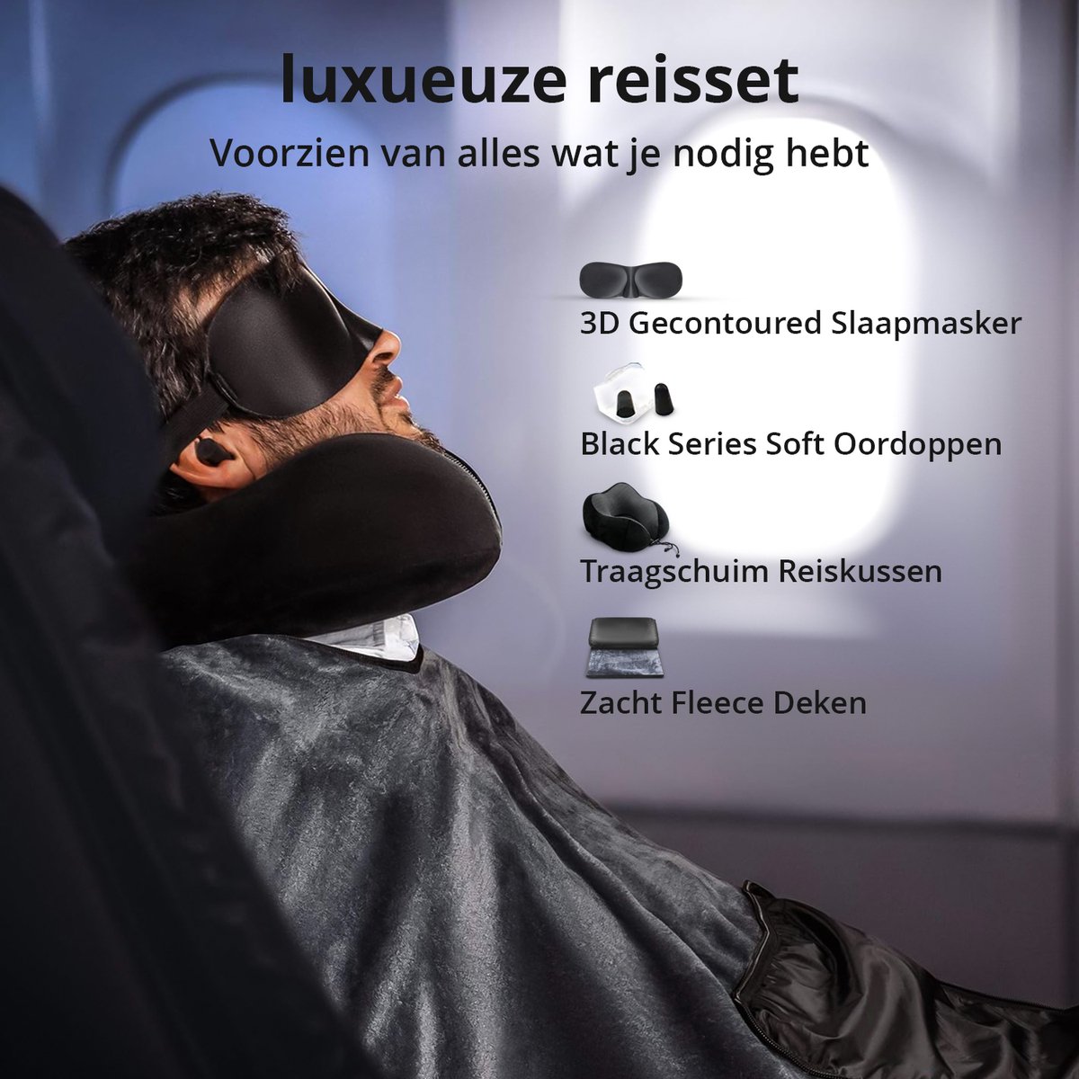 GoGoods® Reiskussen - Luxe Nekkussen Set - Vliegtuig - Auto - Traagschuim - Met Oordoppen, Oogmasker en Fleece Deken — afbeelding 7