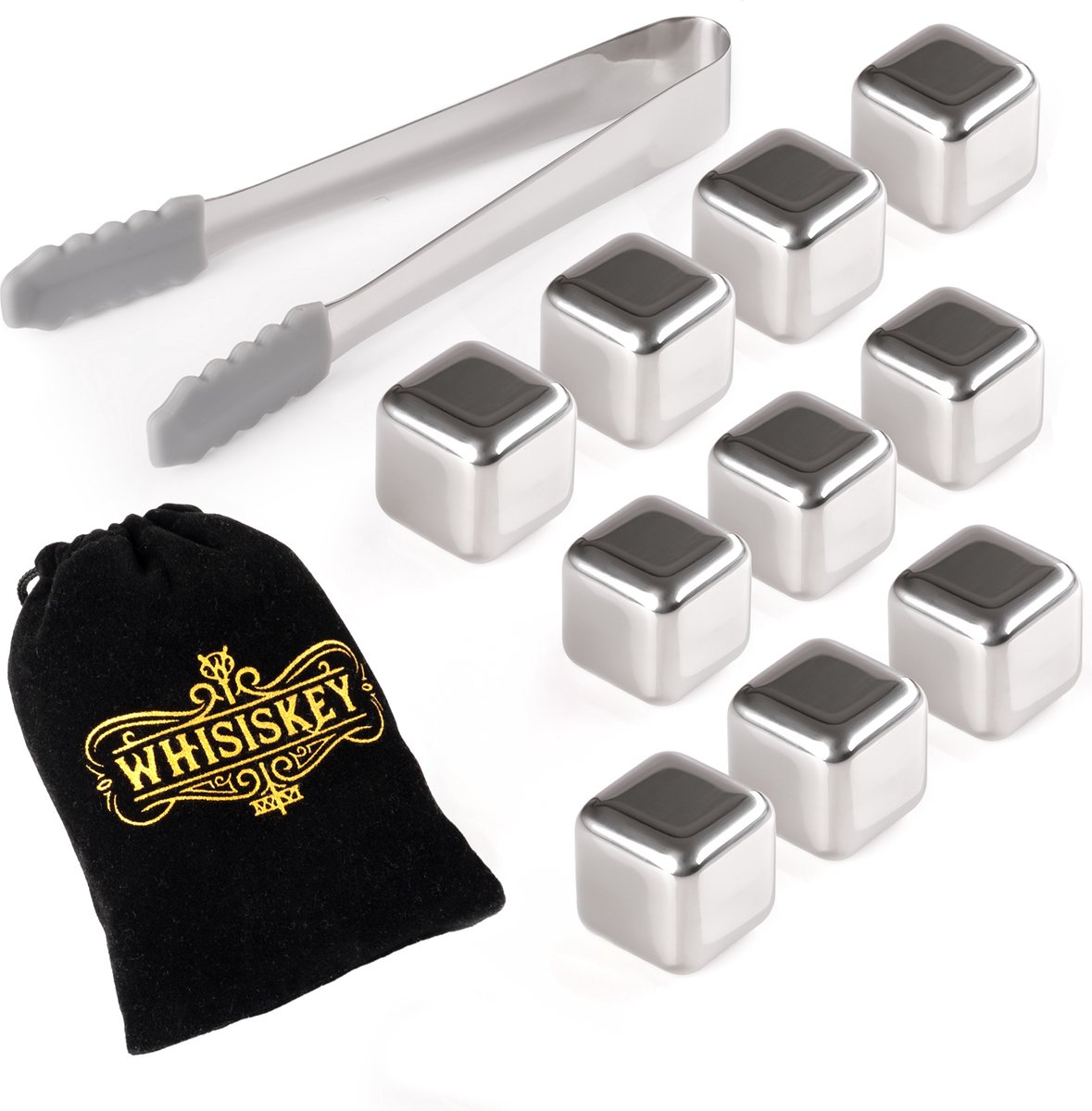 Whisiskey Luxe Whiskey Stones Set RVS - 10 stuks - Fluwelen Opbergzak - IJstang - Herbruikbare IJsblokjes - RVS Whiskey Stenen Voor Glazen - Accessoires - IJsklontjes Metaal