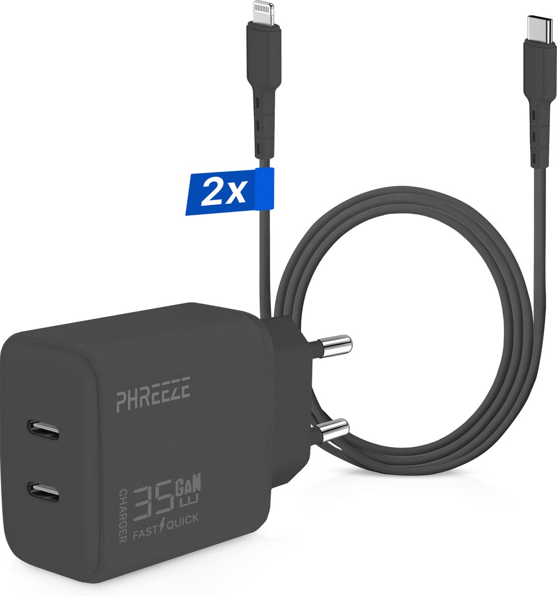 35W Snellader geschikt voor iPhone 14, iPhone 13, iPhone 12, iPhone 11 - 2x USB-C Poorten - USB C Adapter met Lightning Kabel 2 Meter