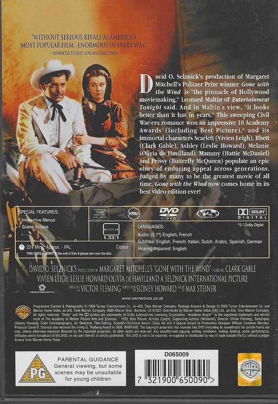 Achterkant van de dvd 'Gone With The Wind' met Clark Gable en Vivien Leigh zittend op een stoel. Informatie over de film en speciale kenmerken is zichtbaar.