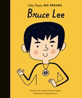 Boekomslag: Little People, BIG DREAMS Bruce Lee. Een getekend jongetje met zwart haar, een gele trui en een medaille om zijn nek.