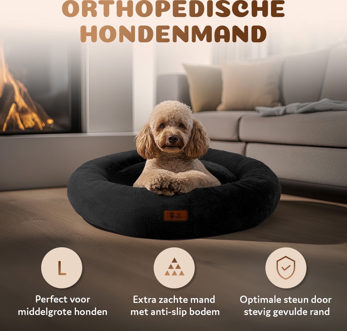 Pet Perfect Orthopedische Hondenmand – Donut Hondenmand – Hondenkussen – Hondenbed – Wasbaar - 80 cm - Zwart thumbnail 2