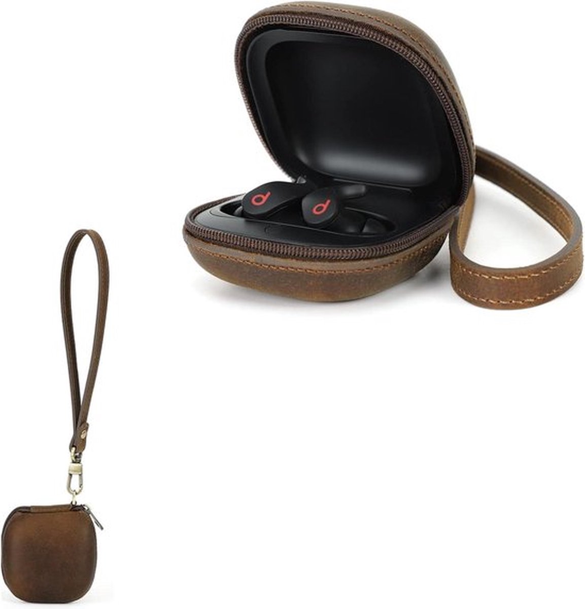 Oortelefoon Case Schokbestendig Echt Lederen Cover Beats Fit Pro Draadloze - Lederen Beschermhoes Oplaadpoort Polsband - Koffie