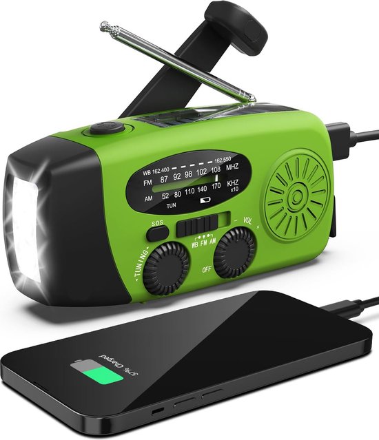 Noodradio - Noodradio Opwindbaar - 2000 mAh - Radio Met Accu Batterij Voor Noodsituaties - Noodpakket - Opwindbaar - Solar - Zaklamp - Powerbank - Noodradio Op Batterijen - Groen - Voor Rampen/Camping - Draagbare