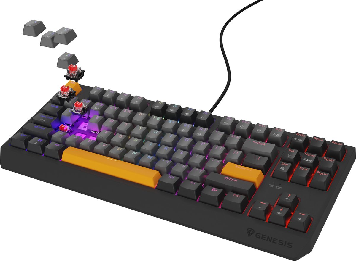 GENESIS Thor 230 TKL toetsenbord Gamen USB + RF Wireless + Bluetooth QWERTY Zwart, Grijs, Oranje