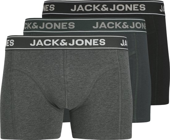 Drie-pak boxershorts in grijs, donkergroen en zwart met een elastische band met JACK&JONES logo.