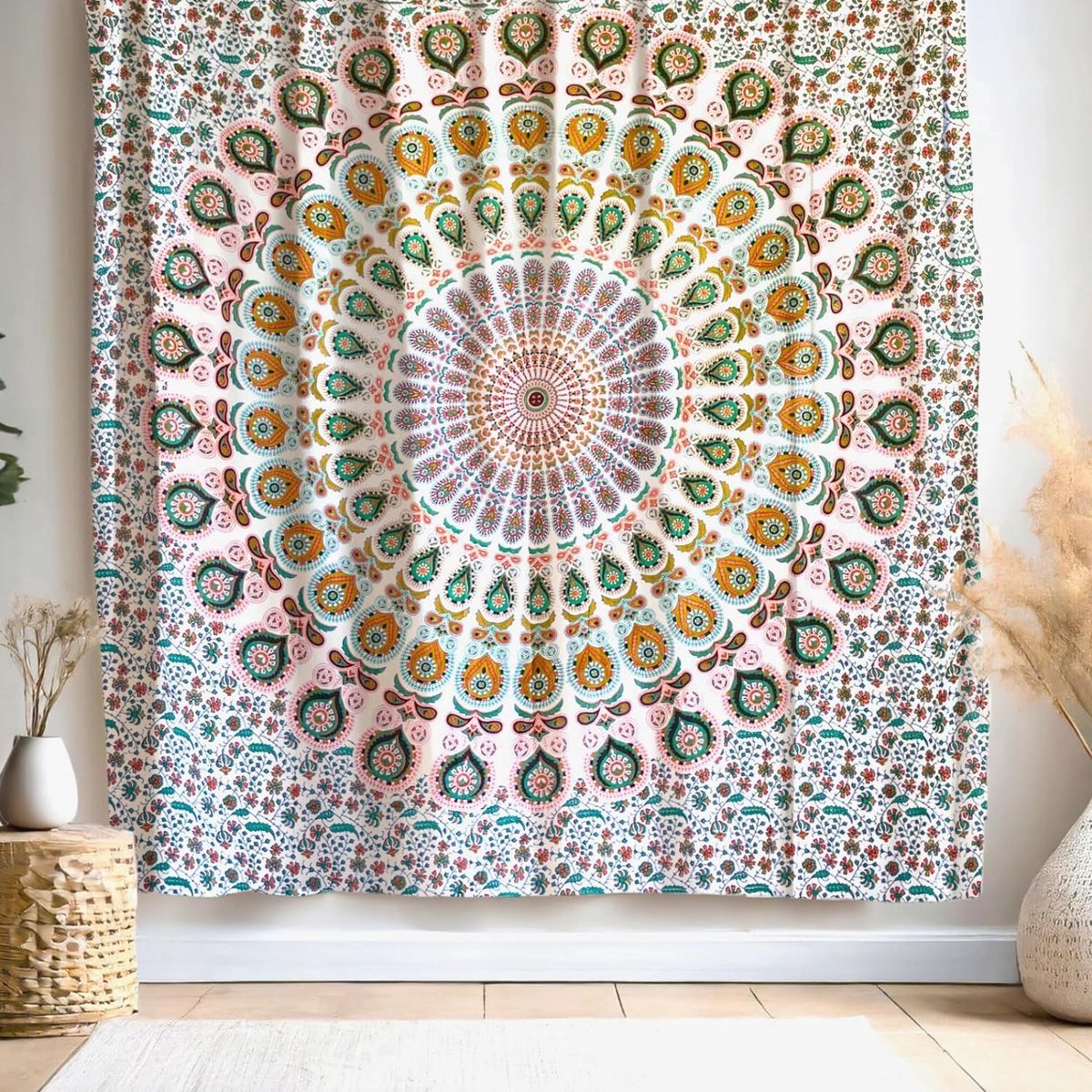 Wandtapijt Mandala - multifunctioneel, kleurrijk, 100% katoen - ideaal als wandtapijt, esthetisch, wanddoek, boho, Indiaas wandbehang van stof of wandtapijt - wit en zalm, 210x230 cm