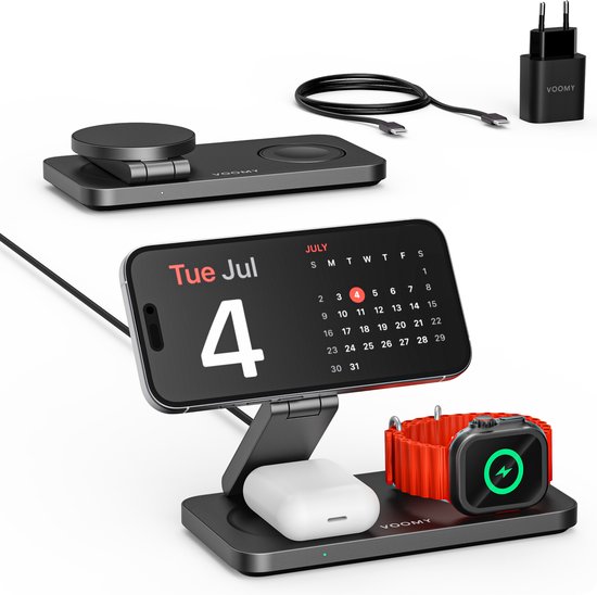 Voomy 3-in-1 Draadloze Oplader (15W Snellader) - Opvouwbaar Oplaadstation - Geschikt voor iPhone MagSafe 12, 13, 14, 15, 16, Apple Watch, AirPods - GSM Lader - Inclusief Adapter - Zwart