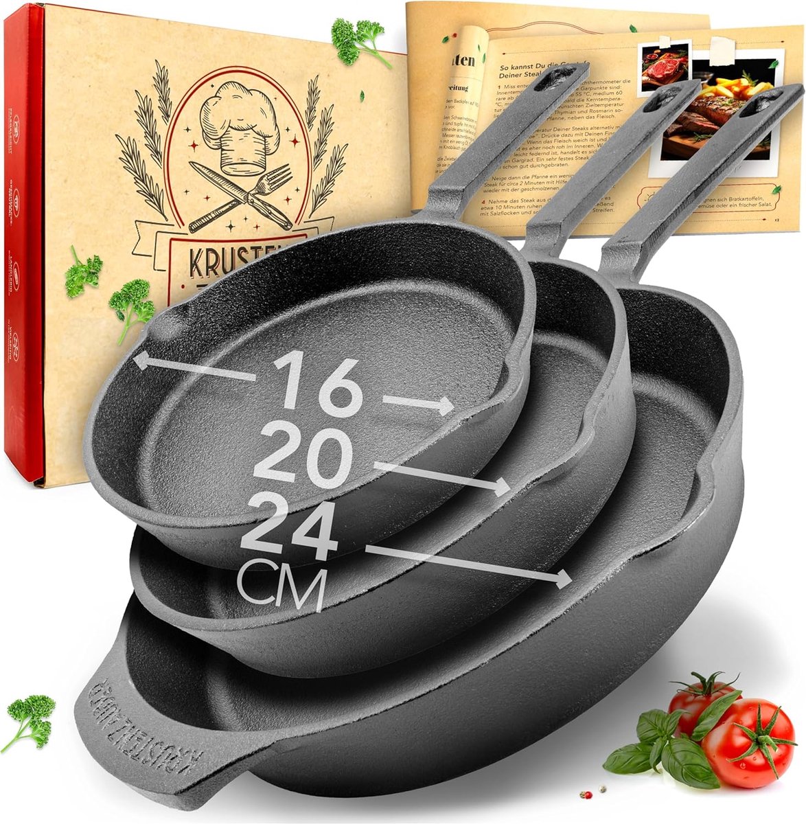 KRUSTENZAUBER koekenpannenset 16+20+24 cm - gietijzeren koekenpan set - Hapjespan voor gas, inductie, elektrisch fornuis