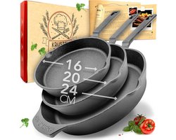 KRUSTENZAUBER koekenpannenset 16+20+24 cm - gietijzeren koekenpan set - Hapjespan voor gas, inductie, elektrisch fornuis