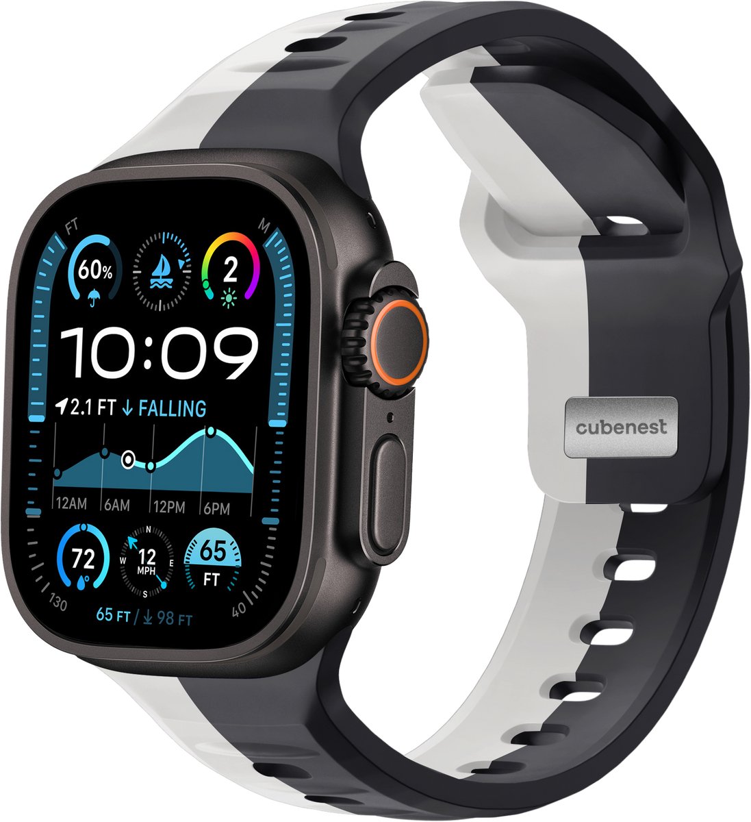 Cubenest Premium siliconen bandje - Geschikt voor Apple Watch 1, 2, 3, 4, 5, 6, 7, 8, 9, 10,11, SE, Ultra (2,3) - 42/44/45/46/49 mm - Zwart met maangrijs - One Size